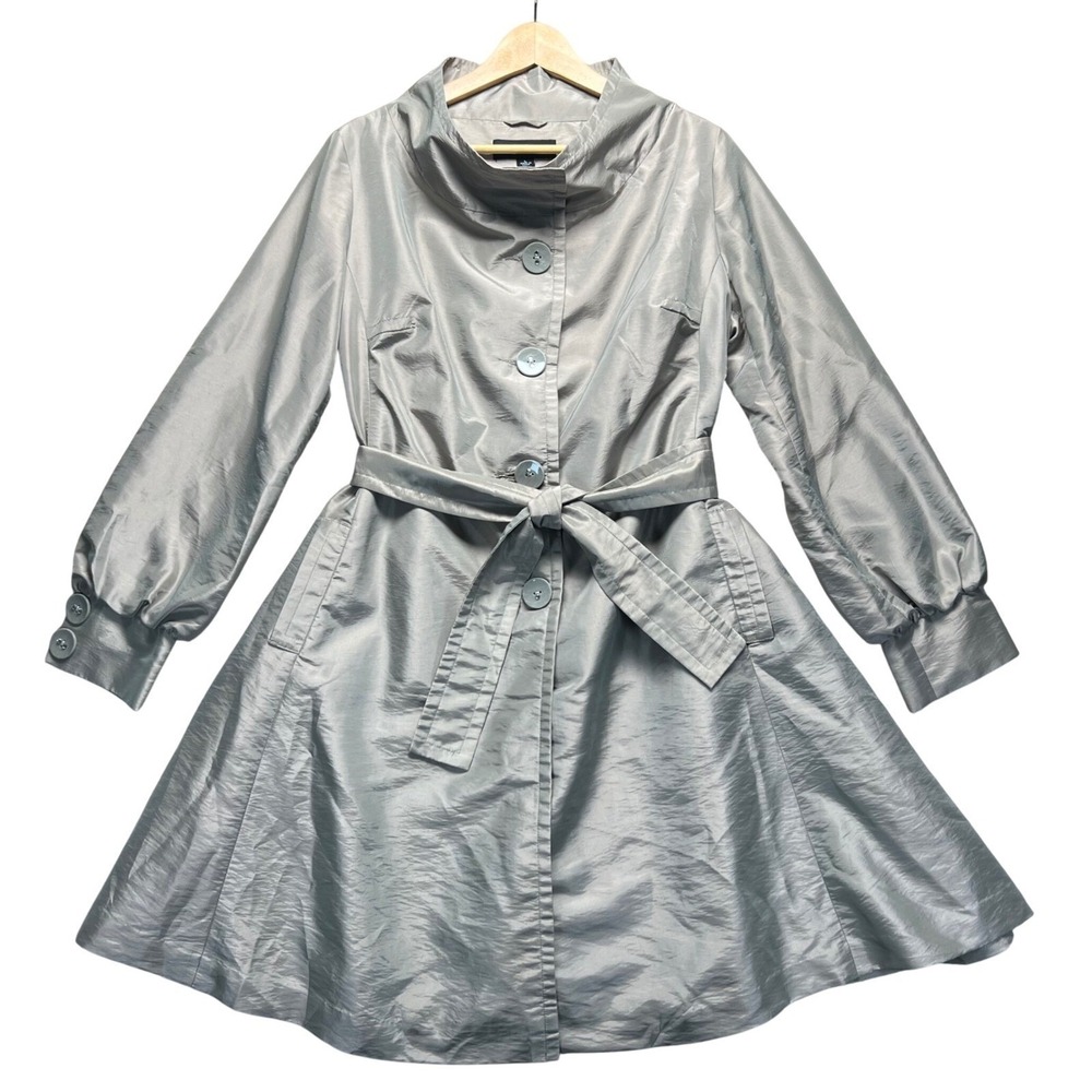 CoffeeShop NYC Silver Metallic Balloon Sleeve Belted Trench Coat Large